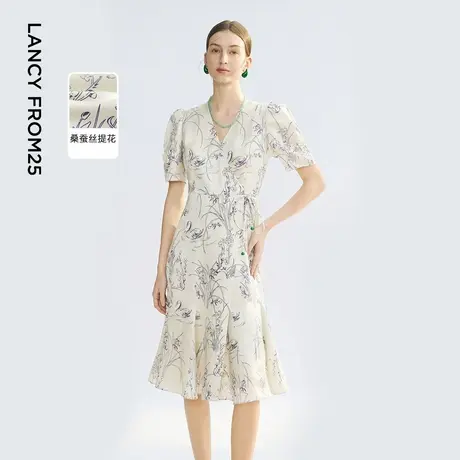 【兰亭叙】朗姿桑蚕丝新中式2025年夏季新款v领白色提花连衣裙女图片