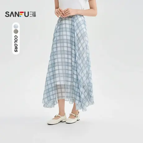 三福长裙2025夏季不规则裙摆格子宽松半身裙女装505614图片