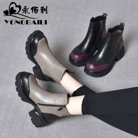 真皮厚底时装靴鞋子女2023冬新款粗跟短靴女靴子女马丁靴增高女鞋图片
