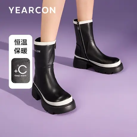 意尔康加绒厚底英伦烟筒靴2023冬季复古中筒靴子女圆头马丁靴短靴商品大图