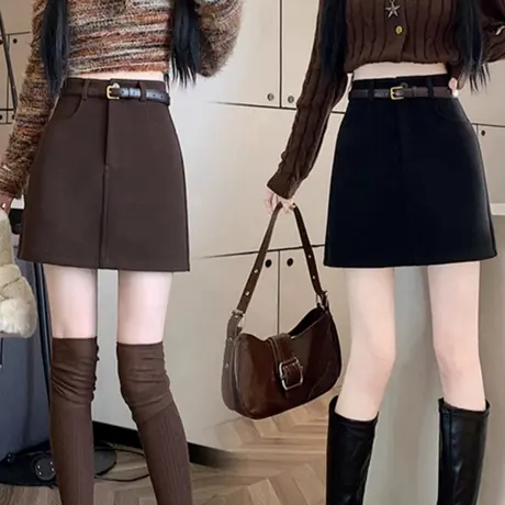 咖色毛呢半身裙女秋冬2025新款a字半裙小个子高腰显瘦包臀短裙子图片