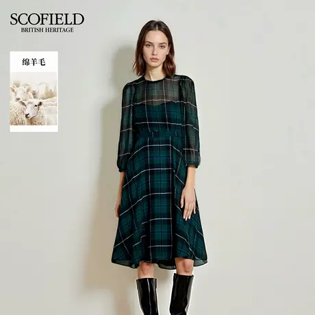 Scofield女装复古文艺风格纹欧根纱连衣裙圆领收腰2025秋季新品图片