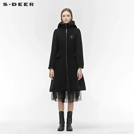 sdeer圣迪奥冬季高领连帽插袋松紧黑色中长款毛呢大衣女S19481858图片