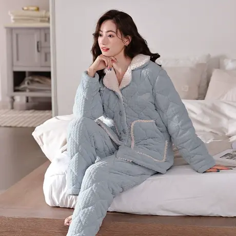 婷美珊瑚绒夹棉睡衣女冬季加绒加厚保暖棉袄秋冬款外穿家居服套装图片