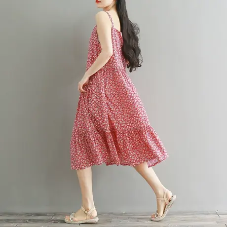 加大码复古宽松高腰碎花鱼尾吊带连衣裙 胖妹妹夏装吊带裙200斤女图片