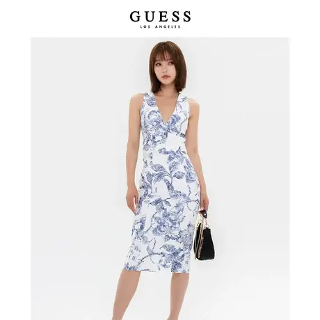 【38上新季】GUESS 女士V领无袖气质印花包臀显瘦吊带连衣裙图片