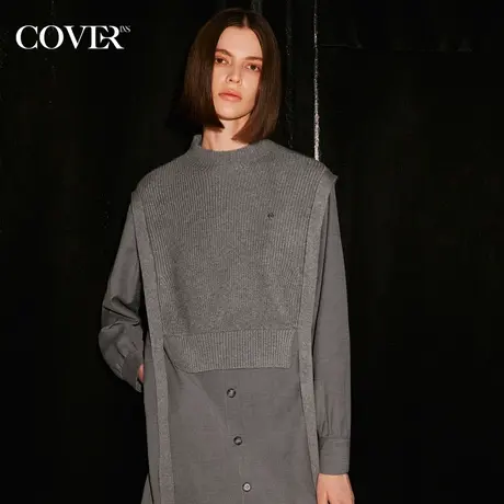 COVER冬季假两件拼接H型针织连衣裙图片
