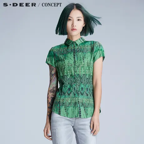sdeer圣迪奥女装鲜明色彩棕榈印花衬衫S16280440图片