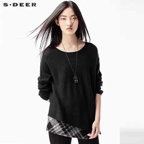 sdeer圣迪奥女2017冬装欧美范简约圆领斜摆套头黑色毛衣S13483542商品大图