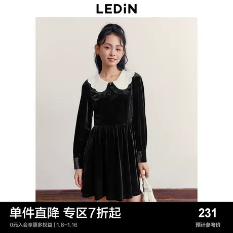 乐町千金风丝绒连衣裙女秋冬新款手勾花领拼接长袖内搭连衣裙图片
