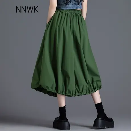 军绿色半身裙女2025新款夏季薄款百褶裙松紧腰抽绳工装风a字长裙图片