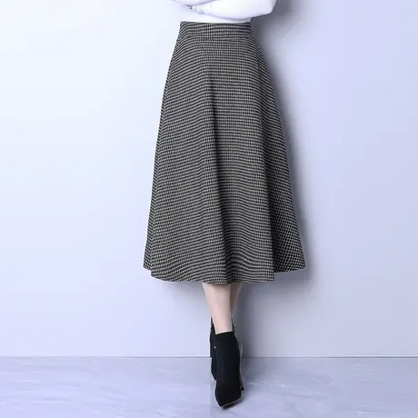 千鸟格子伞裙半身裙女2023新款秋冬毛呢a字裙中长款高腰大摆裙子图片