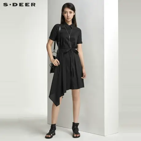 sdeer圣迪奥夏装女简约翻领收腰不规则黑色衬衫连衣裙S21261263图片