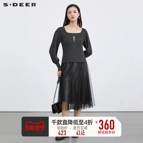 sdeer圣迪奥复古连衣裙方领收腰网纱针织两件套S223Z1444图片