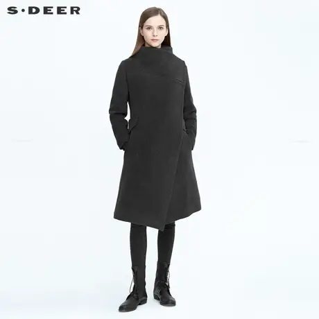 sdeer圣迪奥冬季女装设计感不规则拼接中长款毛呢风衣S20481820图片
