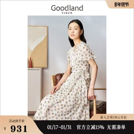 Goodland美地女装2023夏季印花V领金属闪丝系带收腰连衣裙图片