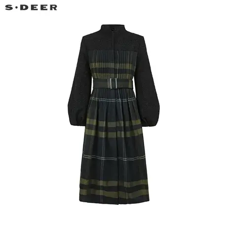 sdeer圣迪奥女装立领风琴褶收腰格纹大衣式羽绒服S234Z2430图片