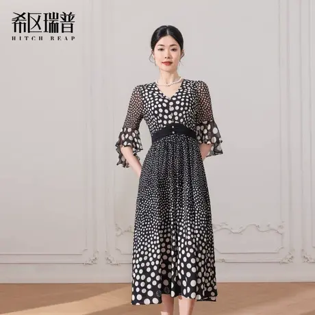 HITCH REAP/希区瑞普希区瑞普收腰显瘦v领雪纺法式波点连衣裙女图片