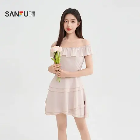 三福连衣裙2025夏季荷叶边一字肩收腰A摆花边裙子女装507833图片