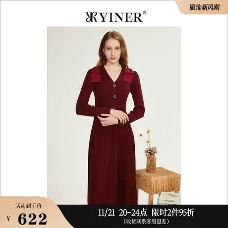 YINER音儿专选女装冬季优雅蝴蝶结纯色V领百褶收腰针织连衣裙图片