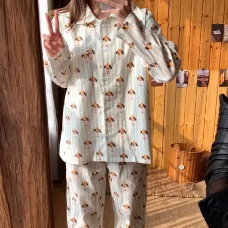 新品！芒果小狗全棉磨毛长袖长裤睡衣女可爱亲肤柔软家居服可外穿图片