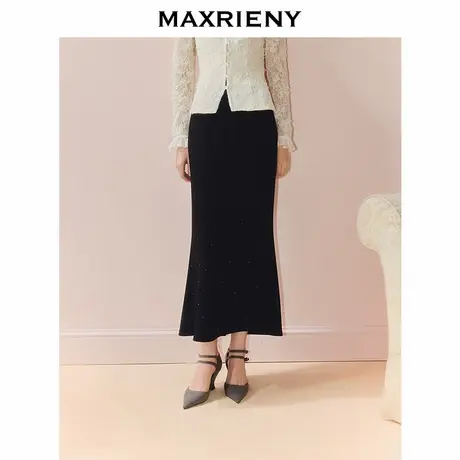 MAXRIENY法式优雅感鱼尾半裙25秋款赫本风气质穿搭烫钻开叉中长裙图片
