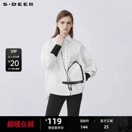 S·DEER圣迪奥女装翻领撞色胶印罗纹拼接不规则长袖衬衫S21380501商品大图