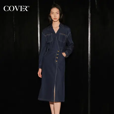 COVER秋季翻领斜门襟开叉直筒牛仔裙图片