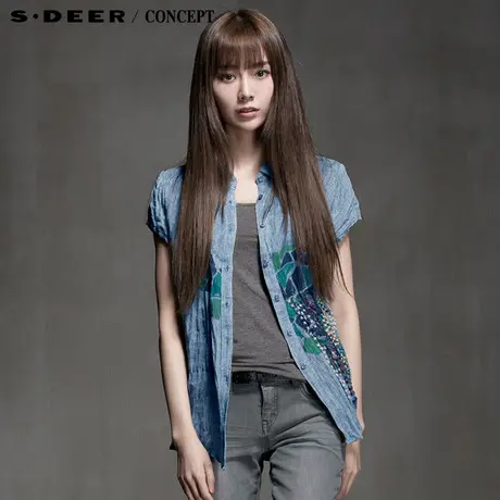 sdeer圣迪奥专柜正品女装夏装彩瓷图纹凸透抓皱衬衫5280416图片
