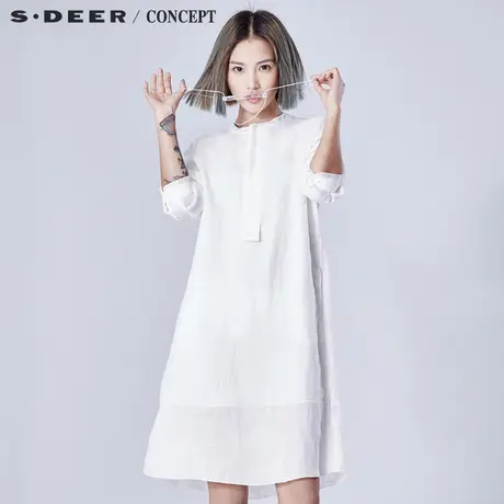 sdeer圣迪奥棉麻衬衫女 极简廓形愫白长袖半开襟上衣S16280571图片