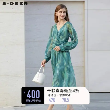 sdeer圣迪奥女装V领晕染拼接雪纺长袖连衣裙S232Z12V1图片