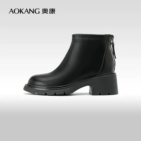 奥康女鞋 冬季新款米色厚底烟筒靴时尚百搭及踝靴通勤短靴商品大图