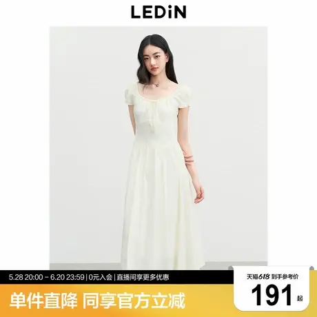 乐町小泡泡袖仙女裙夏新款可调节抽皱系带方领长裙显高显瘦短袖裙图片