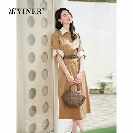 YINER音儿专选秋季法式优雅撞色衬衫领弹力收腰连衣裙图片