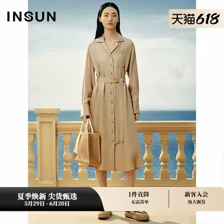 INSUN恩裳夏款古巴领缎面铜氨丝衬衫连衣裙图片