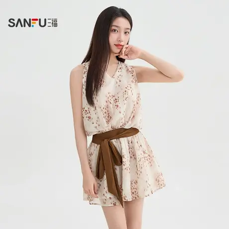 三福连衣裙2025夏季时尚豹纹绑带收腰花边V领裙子女装507834图片