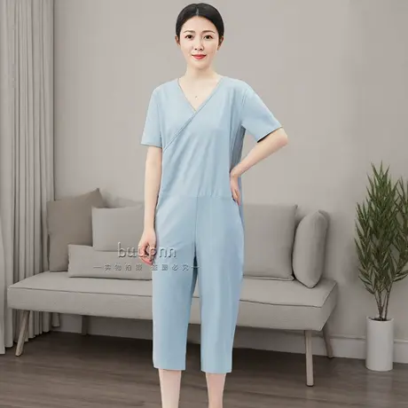 成人连体睡衣女短袖七分裤夏季睡觉穿的义领睡衣套装图片