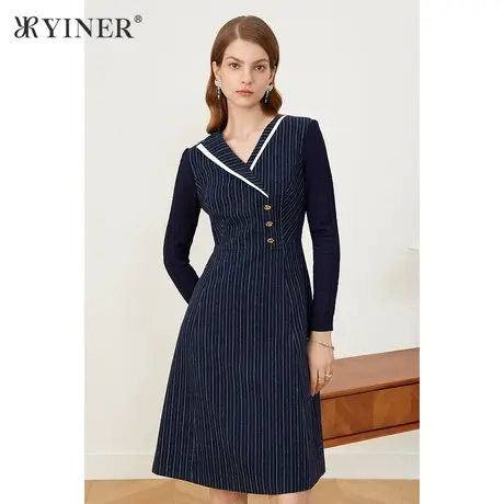 YINER音儿商场同款女装2021冬季新款V领收腰条纹连衣裙图片