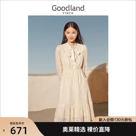 音儿美地女装2023春季新款法式蕾丝拼花飘带连衣裙图片