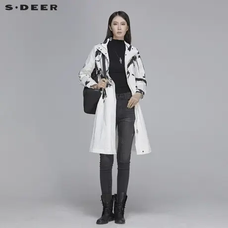 sdeer圣迪奥春秋女装宽松立领黑白涂鸦印花中长款风衣S20181815图片