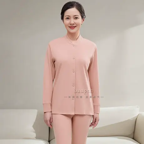 中老年长袖立领秋衣套装女纯棉前开扣打底棉毛衫秋冬图片