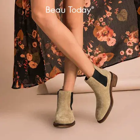 BeauToday真皮切尔西靴女2023新款法式厚底短靴秋季女磨砂皮女靴商品大图