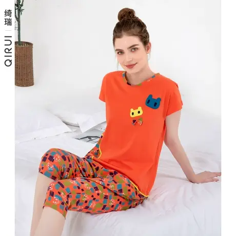 绮瑞睡衣女夏纯棉短袖七分裤套装女款夏季全棉薄款家居服宽松大码图片