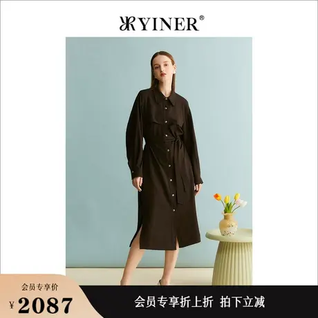 YINER音儿女装秋季复古POLO领通勤收腰咖啡色优雅连衣裙图片