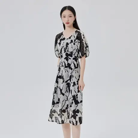 艾莱依暗香疏影花型连衣裙女夏季V领短袖碎花优雅气质高级A字长裙图片