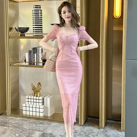 重工高级感蕾丝连衣裙新款粉色淑女名媛风轻奢减龄修身短袖包臀裙图片