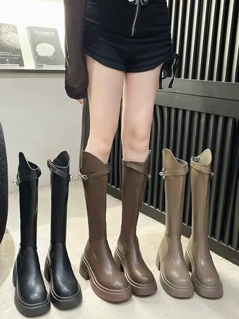 长筒靴女2023新款秋冬加绒厚底v口高筒骑士靴不过膝长靴子马丁靴图片