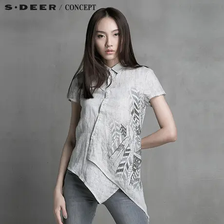 sdeer圣迪奥专柜正品女装叶脉珠饰印花斜襟不规则摆衬衫5280418图片