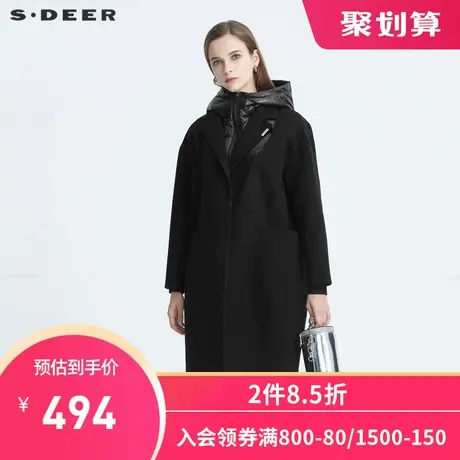 sdeer圣迪奥冬季高领连帽羽绒拼接撞色黑色毛呢大衣女S20481828图片