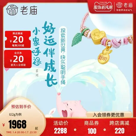 老庙黄金足金5D小象呼禄快乐小象心型串珠聪明鸟珐琅宝宝儿童手绳图片